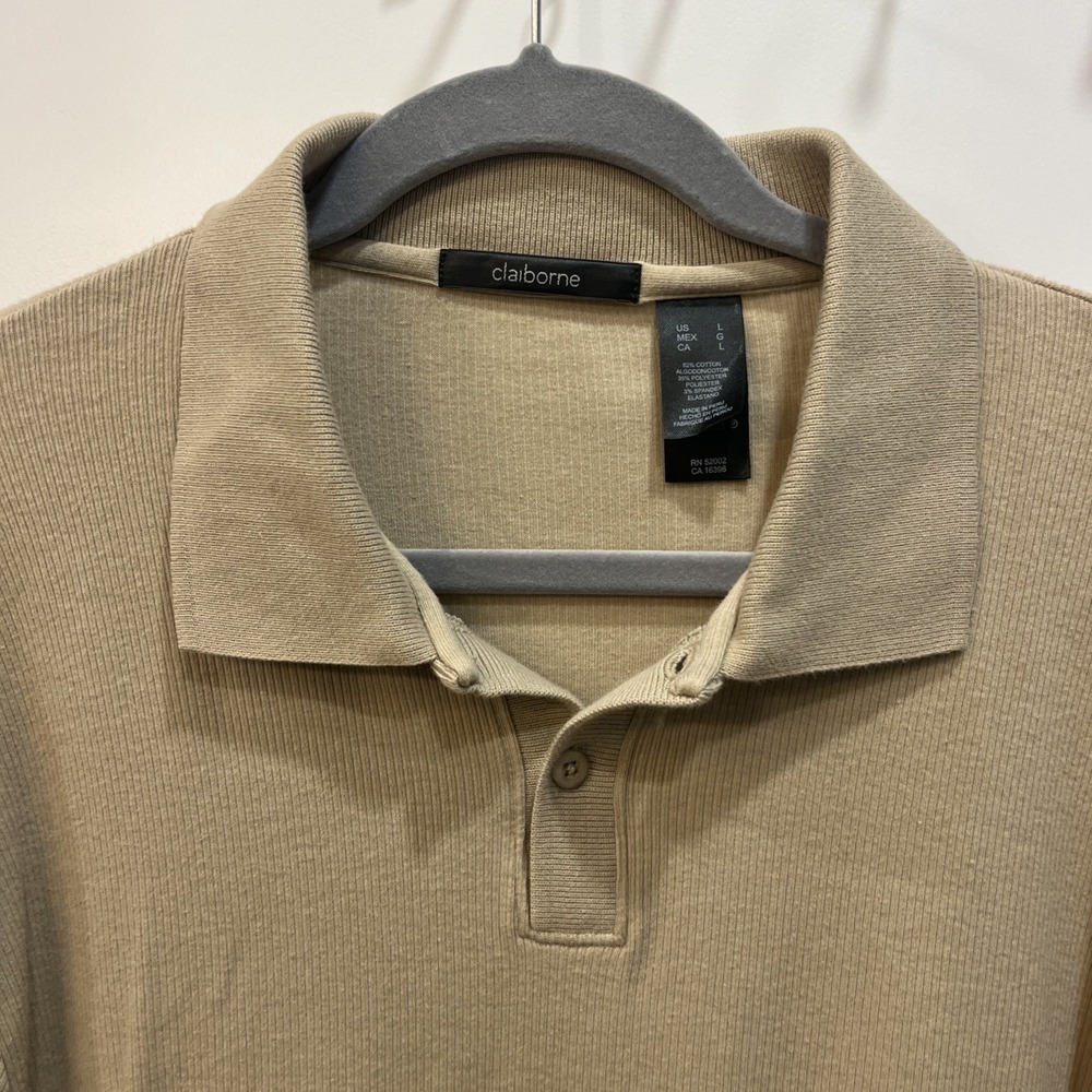 Claiborne Men Tan Textured Ribbed Knit Polo Shirt Size Large Short Sleeve Casual - Picture 2 of 7